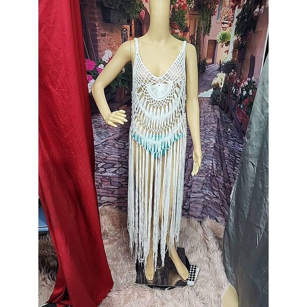 Bikini White Dress Summer Beach Wear Sundress Fringe Hem Crochet S/M or L/XL